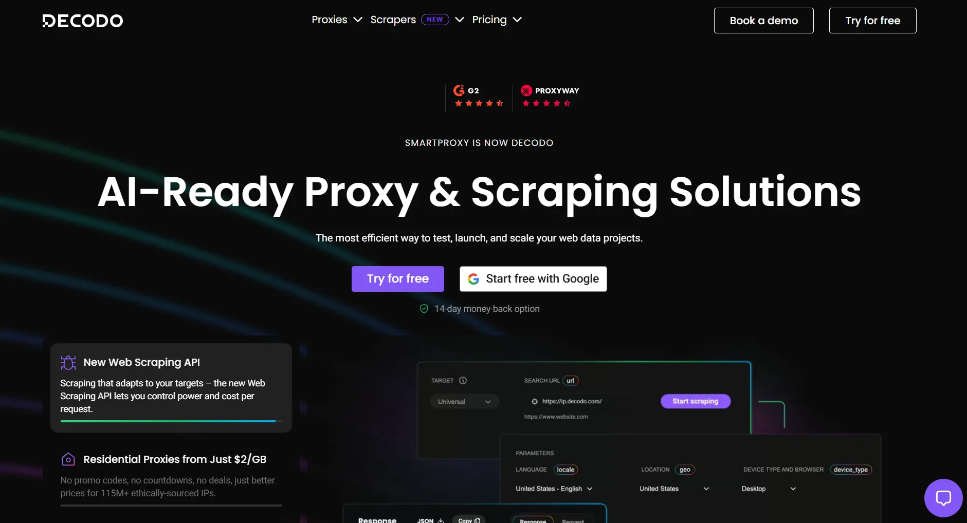 Decodo proxy and scraping service homepage