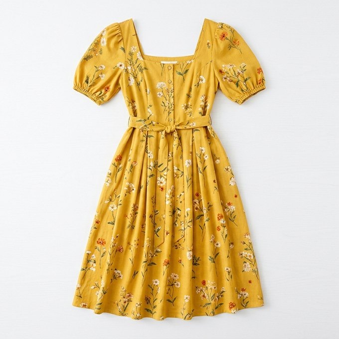Outfit image: a yellow floral summer dress laid flat on a white background