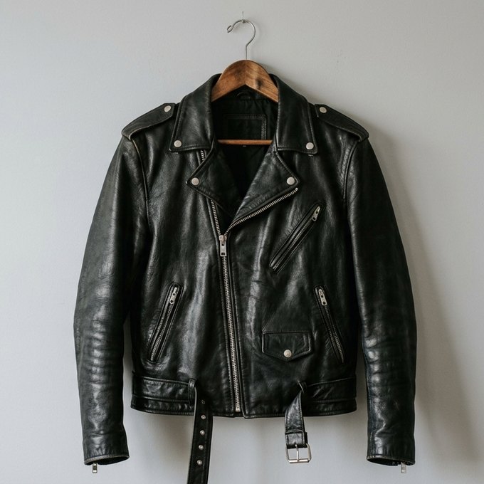 Outfit image: a black leather biker jacket on a wooden hanger