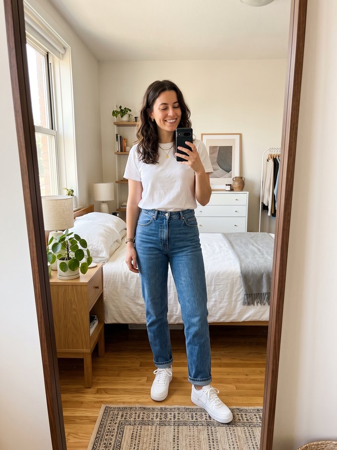 Person image: a woman in a white t-shirt and jeans taking a mirror selfie