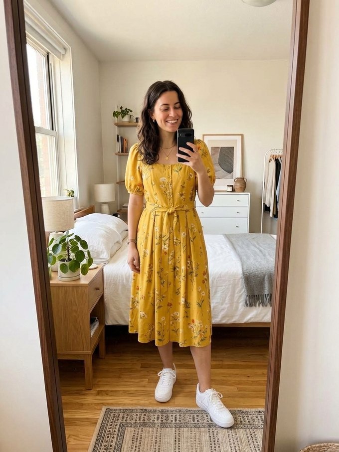 Result: the same woman in the same mirror selfie, now wearing the yellow floral dress