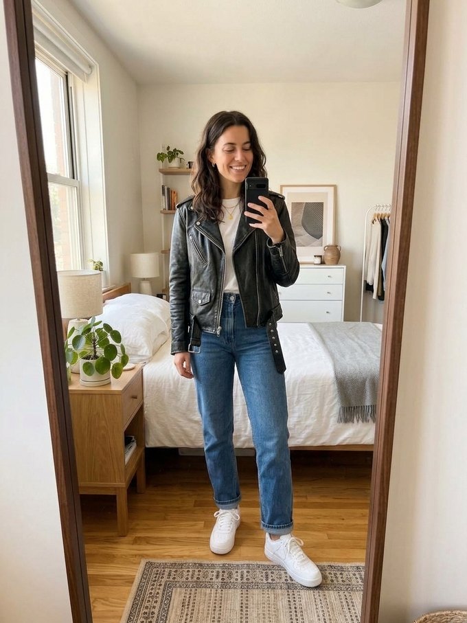 Result: the same woman in the same mirror selfie, now wearing the black leather jacket
