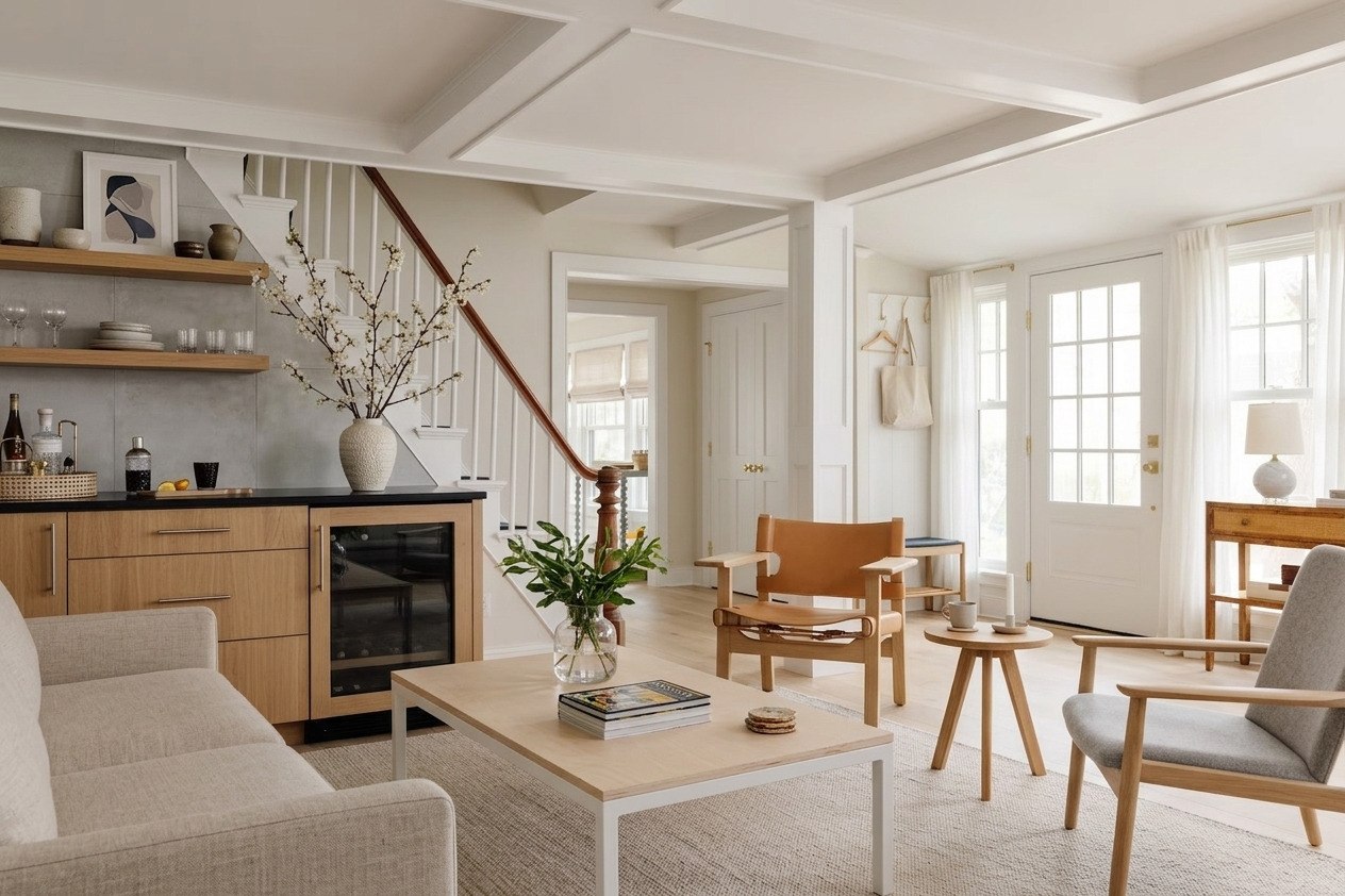 After AI interior designer Scandinavian living room redesign with light wood furniture, neutral seating and brighter open layout