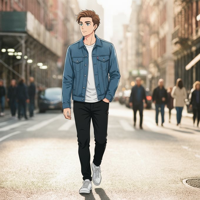 The street photo redrawn as anime, with cel shading and a stylised background