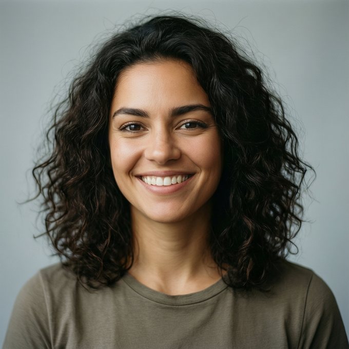 Original photograph: a smiling woman with curly dark hair in daylight