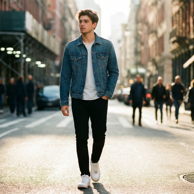 Original photograph: a man in a denim jacket walking on a sunny street